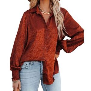 ACOA Rust Orange Satin Long Sleeve Button‎ Down Shirt Size S Tiger Print Lantern